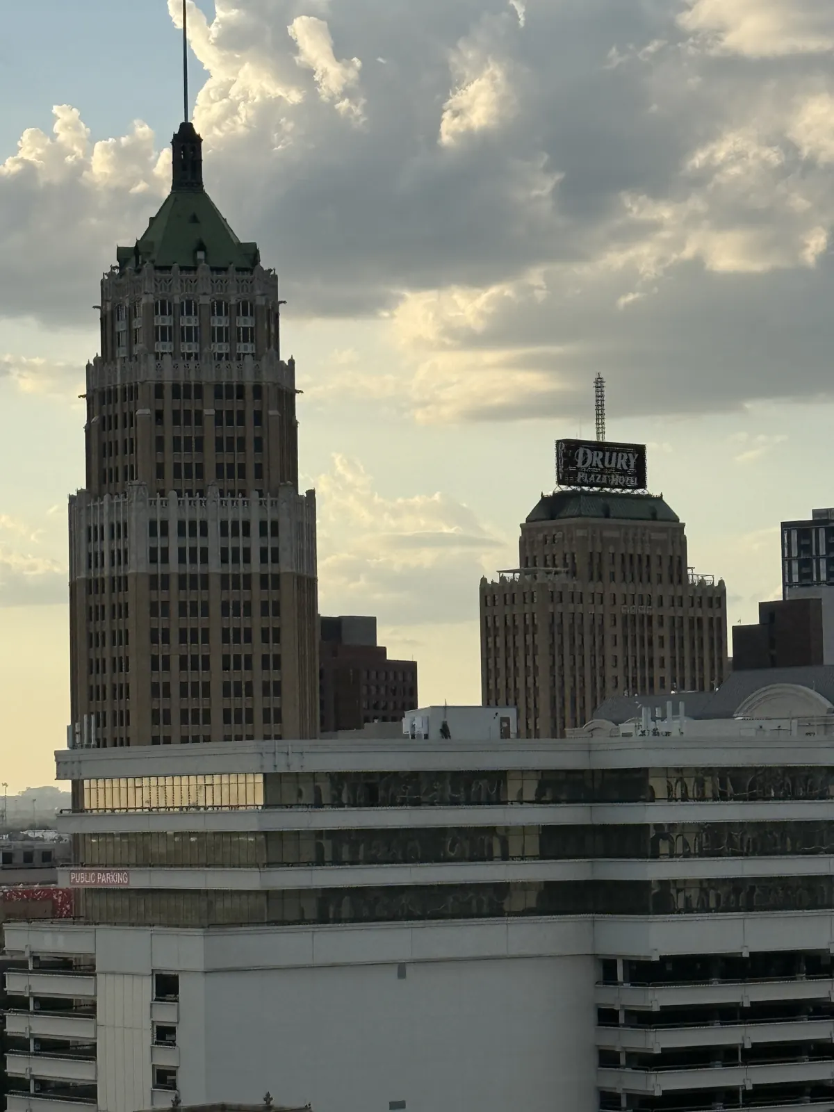 Historic downtown San Antonio towers at sunset